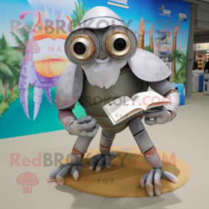 Silver Hermit Crab mascot costume character dressed with a Swimwear and Reading glasses