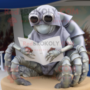 Silver Hermit Crab mascot costume character dressed with a Swimwear and Reading glasses