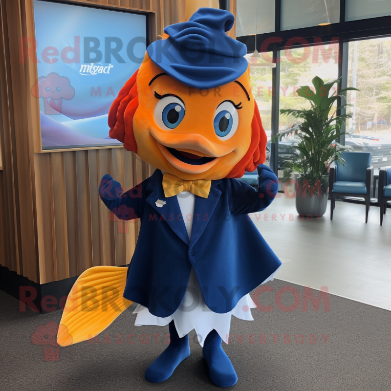 Navy Goldfish mascot costume character dressed with a Midi Dress and Bow ties