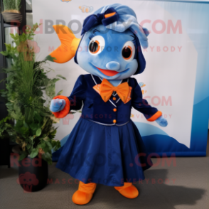 Navy Goldfish mascot costume character dressed with a Midi Dress and Bow ties