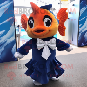Navy Goldfish mascot costume character dressed with a Midi Dress and Bow ties