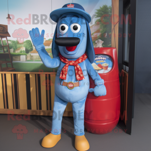 Blue Hot Dogs mascot costume character dressed with a Denim Shirt and Suspenders