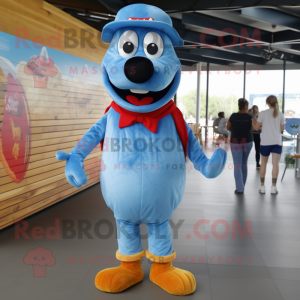 Blue Hot Dogs mascot costume character dressed with a Denim Shirt and Suspenders