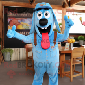 Blue Hot Dogs mascot costume character dressed with a Denim Shirt and Suspenders