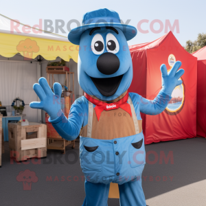 Blue Hot Dogs mascot costume character dressed with a Denim Shirt and Suspenders