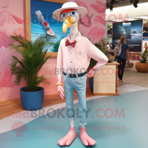 Cream Flamingo mascot costume character dressed with a Boyfriend Jeans and Cufflinks