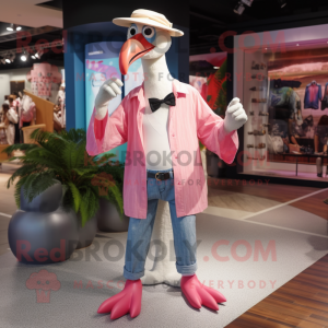 Cream Flamingo mascot costume character dressed with a Boyfriend Jeans and Cufflinks