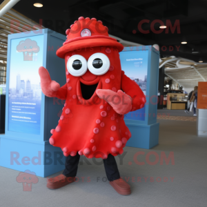 Red Fried Calamari mascot costume character dressed with a Dress Pants and Backpacks