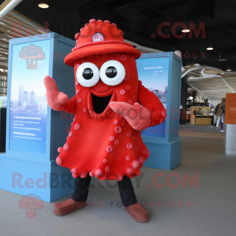 Red Fried Calamari mascot costume character dressed with a Dress Pants and Backpacks Red Fried Calamari mascot costume character dressed with a Dress Pants and Backpacks