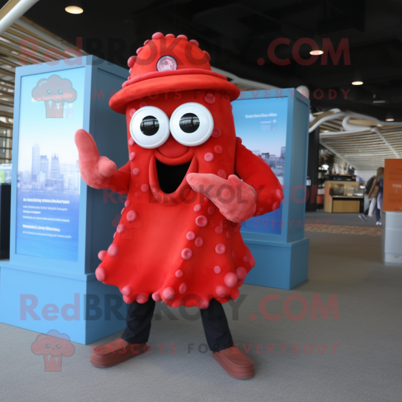 Red Fried Calamari mascot costume character dressed with a Dress Pants and Backpacks