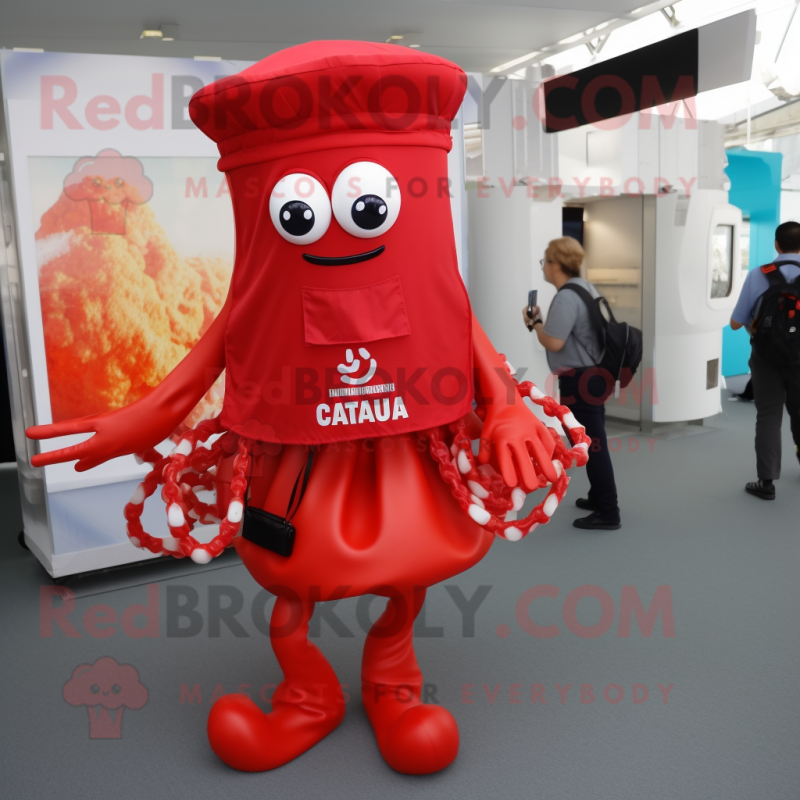 Red Fried Calamari mascot costume character dressed with a Dress Pants and Backpacks Red Fried Calamari mascot costume character dressed with a Dress Pants and Backpacks