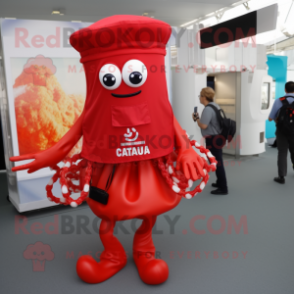 Red Fried Calamari mascot costume character dressed with a Dress Pants and Backpacks