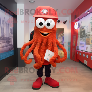Red Fried Calamari mascot costume character dressed with a Dress Pants and Backpacks