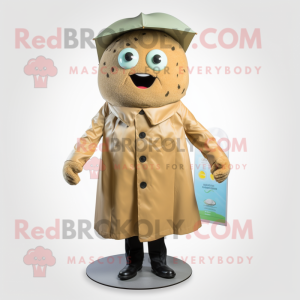 Tan Cucumber mascot costume character dressed with a Raincoat and Cufflinks