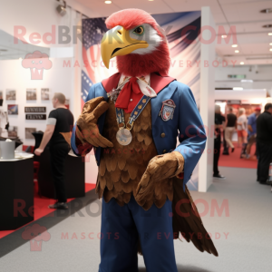 Red Bald Eagle mascot costume character dressed with a Waistcoat and Suspenders