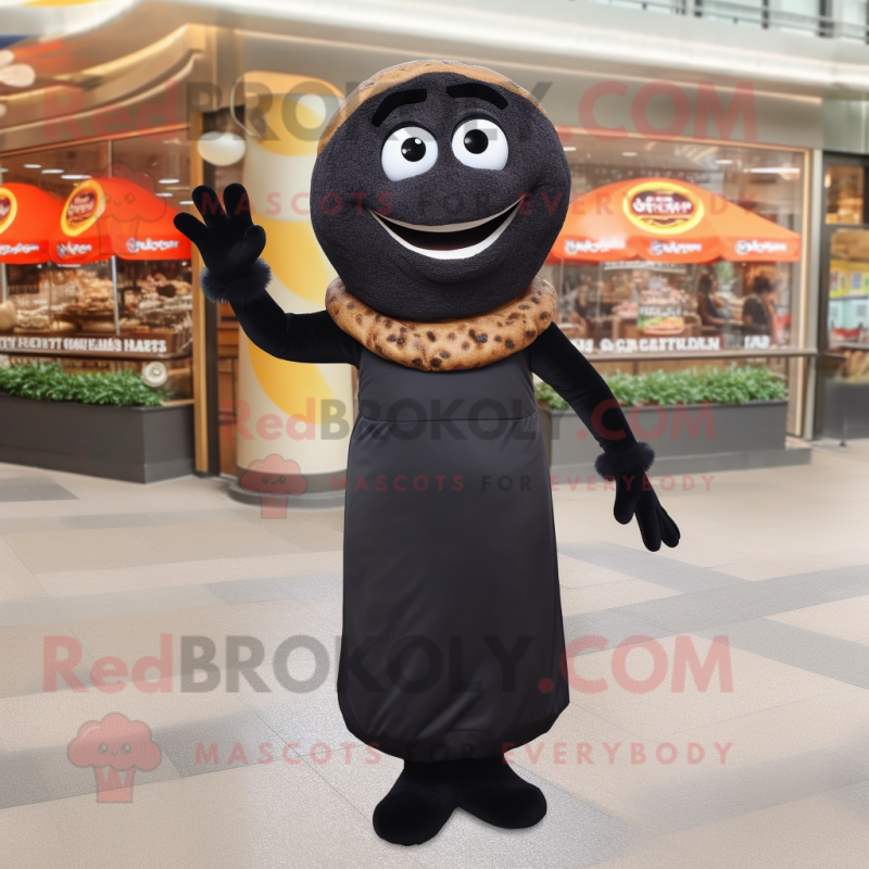 Black Bagels mascot costume character dressed with a Sheath Dress and Anklets