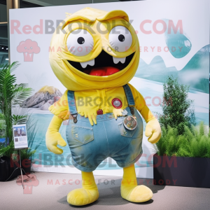 Lemon Yellow Piranha mascot costume character dressed with a Dungarees and Eyeglasses