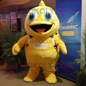 Lemon Yellow Piranha mascot costume character dressed with a Dungarees and Eyeglasses