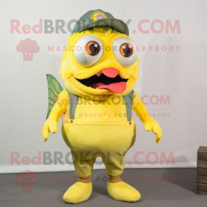 Lemon Yellow Piranha mascot costume character dressed with a Dungarees and Eyeglasses