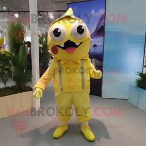 Lemon Yellow Piranha mascot costume character dressed with a Dungarees and Eyeglasses