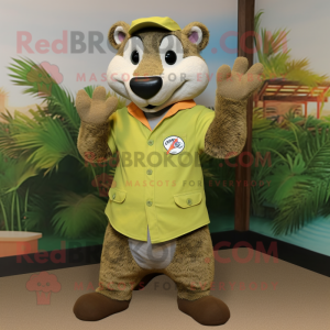 Olive Mongoose mascot costume character dressed with a Button-Up Shirt and Rings