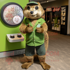Olive Mongoose mascot costume character dressed with a Button-Up Shirt and Rings