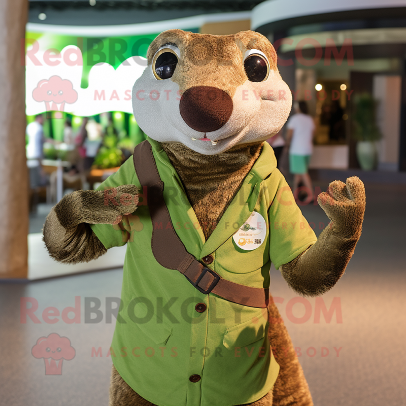 Olive Mongoose mascot costume character dressed with a Button-Up Shirt and Rings