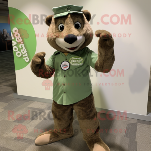 Olive Mongoose mascot costume character dressed with a Button-Up Shirt and Rings