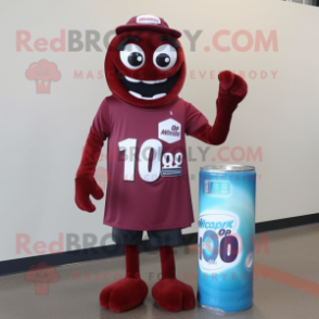 Maroon Soda Can mascot costume character dressed with a Polo Shirt and Gloves