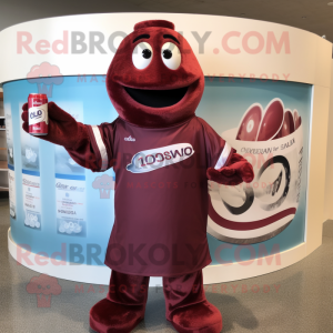 Maroon Soda Can mascot costume character dressed with a Polo Shirt and Gloves