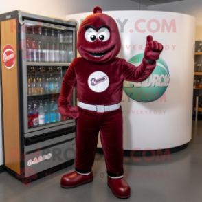 Maroon Soda Can mascot costume character dressed with a Polo Shirt and Gloves