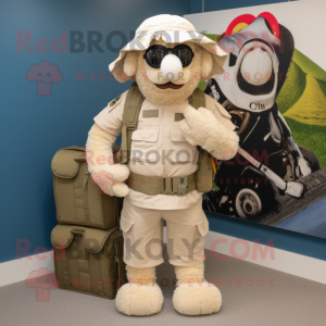 Cream Special Air Service mascot costume character dressed with a Board Shorts and Clutch bags