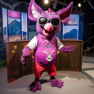 Magenta Bat mascot costume character dressed with a Cargo Shorts and Eyeglasses