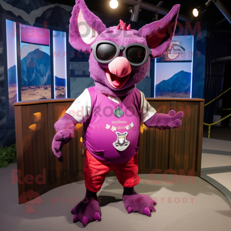 Magenta Bat mascot costume character dressed with a Cargo Shorts and Eyeglasses Magenta Bat mascot costume character dressed with a Cargo Shorts and Eyeglasses