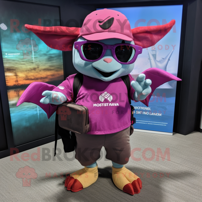 Magenta Bat mascot costume character dressed with a Cargo Shorts and Eyeglasses Magenta Bat mascot costume character dressed with a Cargo Shorts and Eyeglasses
