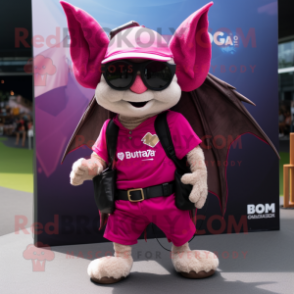 Magenta Bat mascot costume character dressed with a Cargo Shorts and Eyeglasses