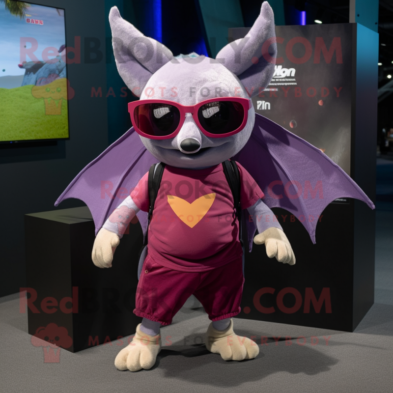 Magenta Bat mascot costume character dressed with a Cargo Shorts and Eyeglasses Magenta Bat mascot costume character dressed with a Cargo Shorts and Eyeglasses