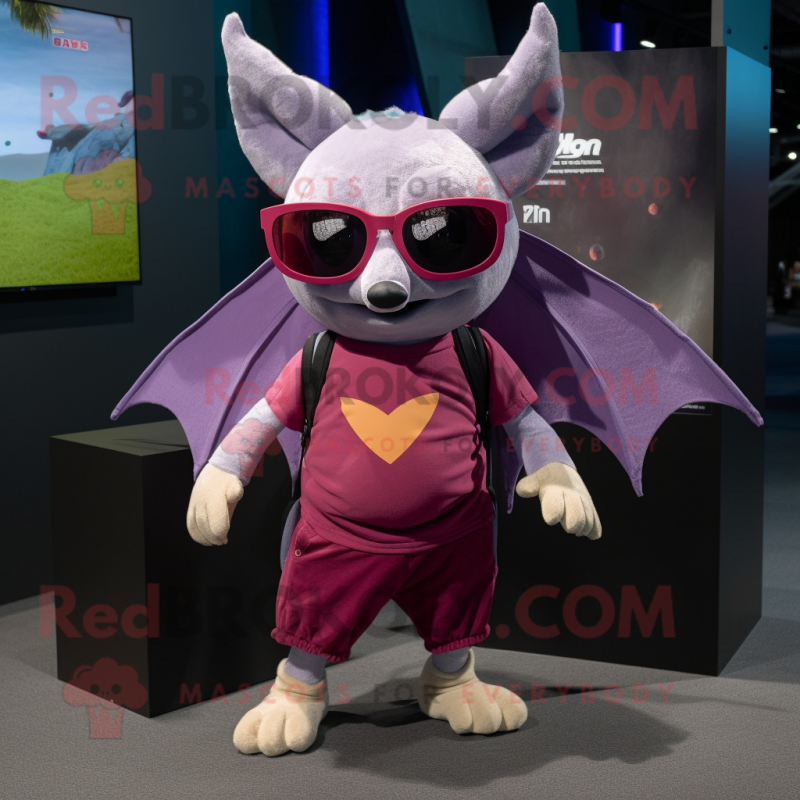 Magenta Bat mascot costume character dressed with a Cargo Shorts and Eyeglasses