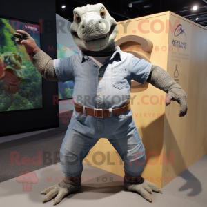 Gray Komodo Dragon mascot costume character dressed with a Jeans and Cufflinks