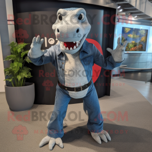 Gray Komodo Dragon mascot costume character dressed with a Jeans and Cufflinks