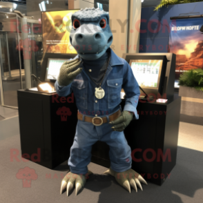 Gray Komodo Dragon mascot costume character dressed with a Jeans and Cufflinks