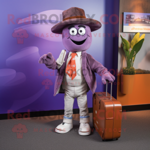 Lavender Goulash mascot costume character dressed with a Jacket and Wallets