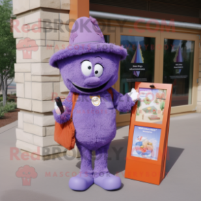 Lavender Goulash mascot costume character dressed with a Jacket and Wallets