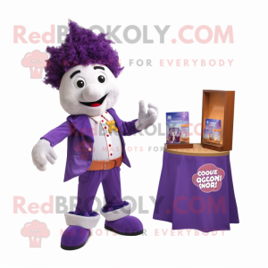 Lavender Goulash mascot costume character dressed with a Jacket and Wallets