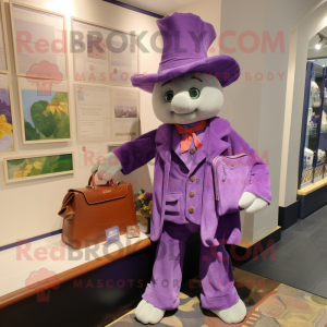 Lavender Goulash mascot costume character dressed with a Jacket and Wallets
