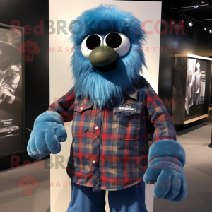 Blue Para Commando mascot costume character dressed with a Flannel Shirt and Earrings