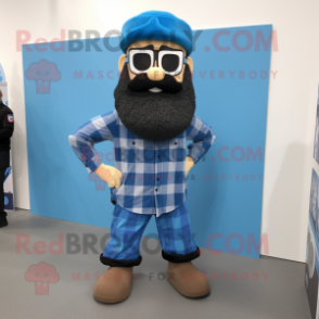 Blue Para Commando mascot costume character dressed with a Flannel Shirt and Earrings