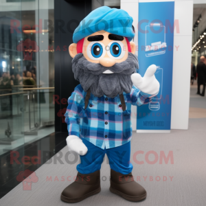 Blue Para Commando mascot costume character dressed with a Flannel Shirt and Earrings