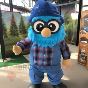 Blue Para Commando mascot costume character dressed with a Flannel Shirt and Earrings