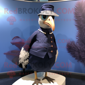 Navy Guinea Fowl mascot costume character dressed with a Culottes and Hat pins